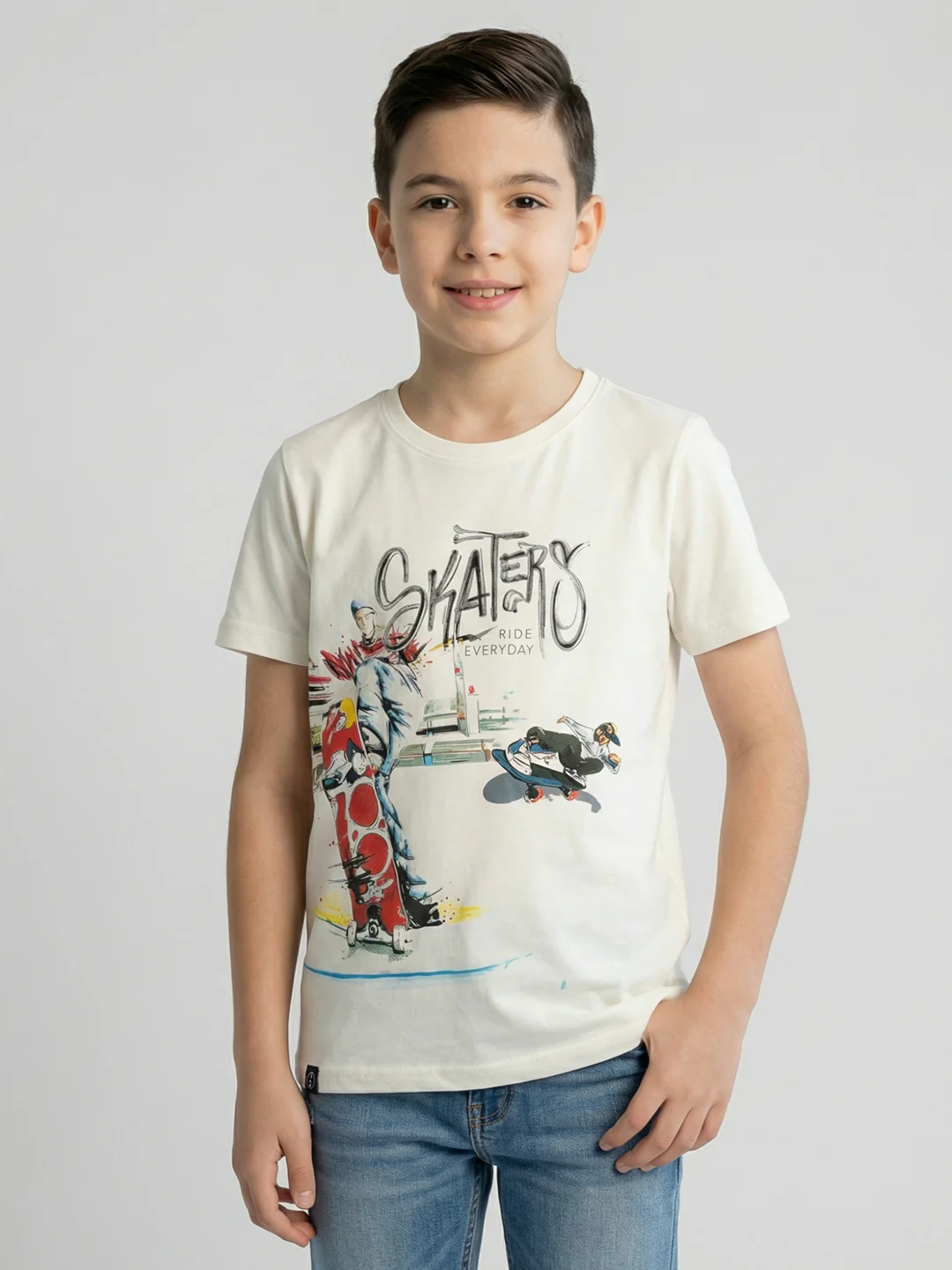 Boys Off White Printed Round Neck Half Sleeve T-Shirt