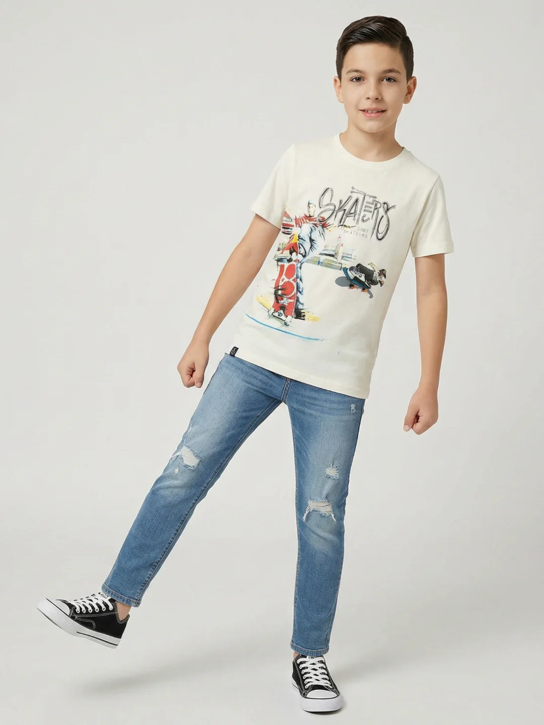 Boys Off White Printed Round Neck Half Sleeve T-Shirt - Image 5