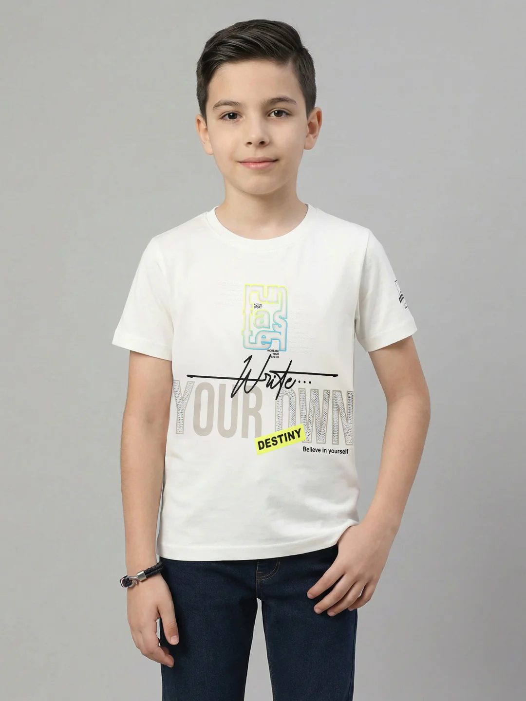 Boys Off White Printed Round Neck Half Sleeve T-Shirt