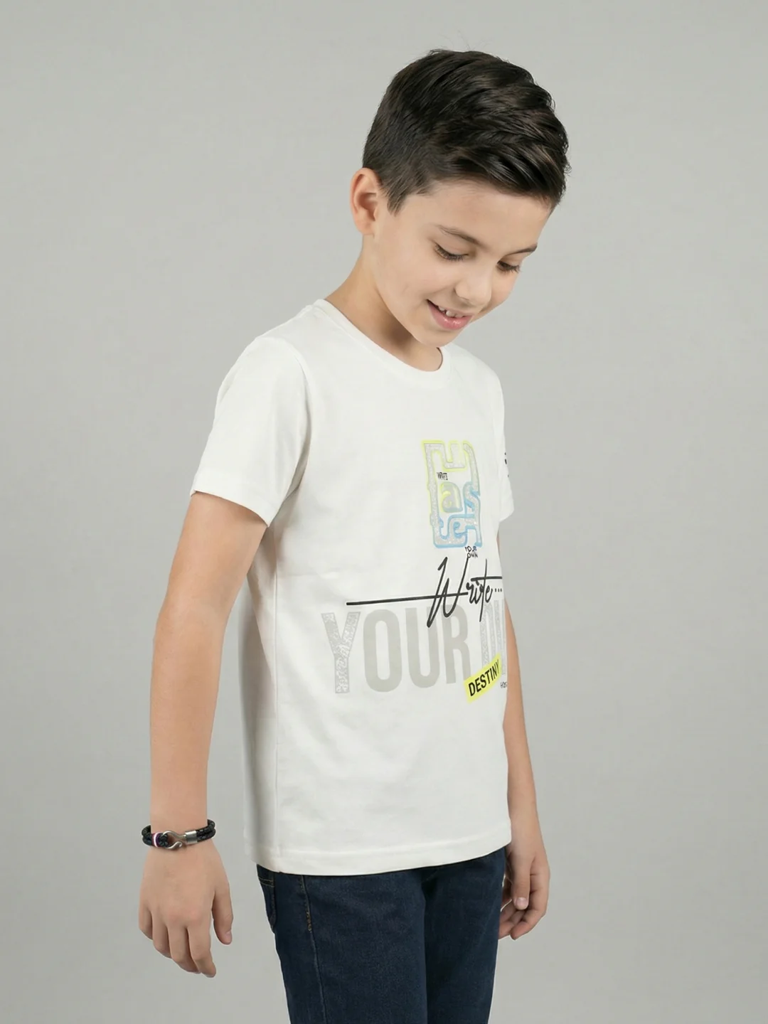 Boys Off White Printed Round Neck Half Sleeve T-Shirt - Image 2