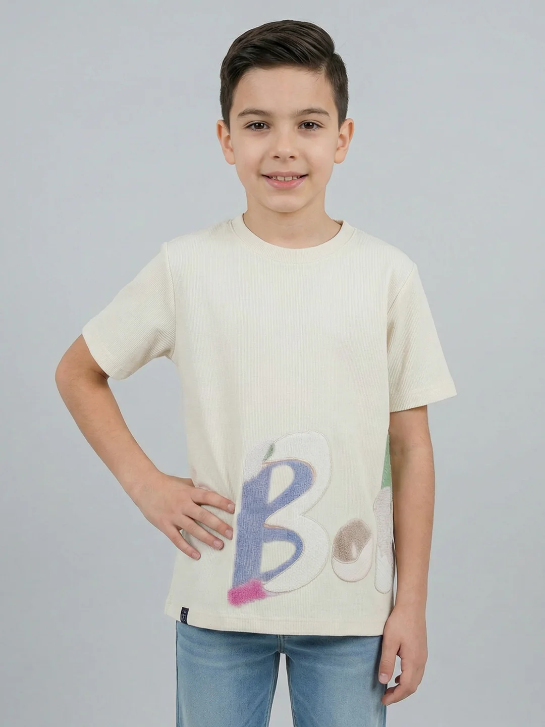 Boys Off White Printed Round Neck Half Sleeve T-Shirt