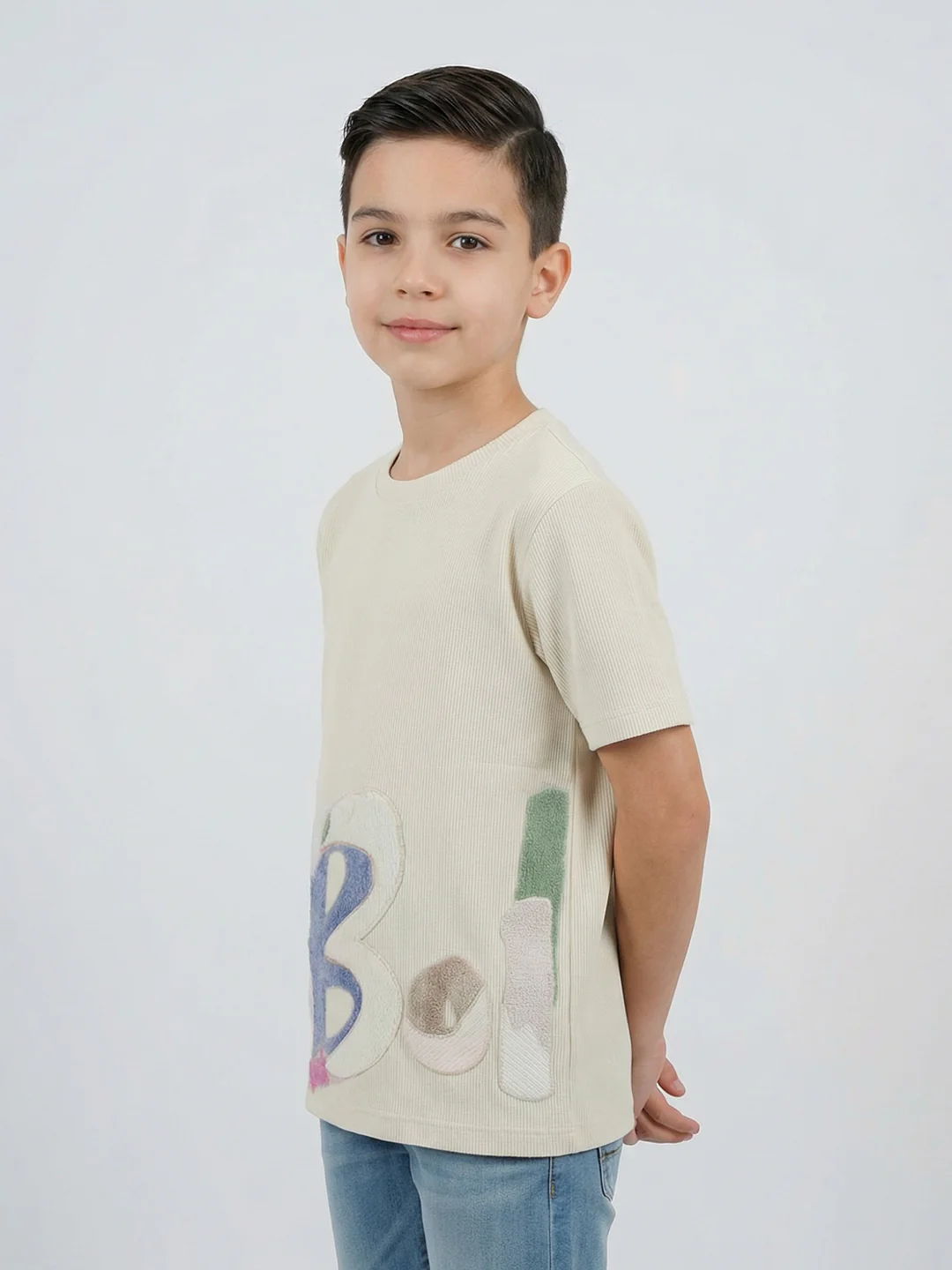 Boys Off White Printed Round Neck Half Sleeve T-Shirt - Image 3