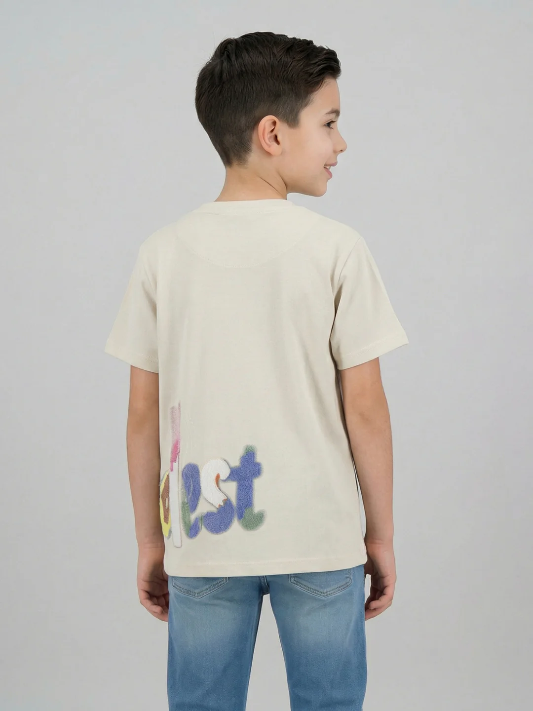 Boys Off White Printed Round Neck Half Sleeve T-Shirt - Image 4