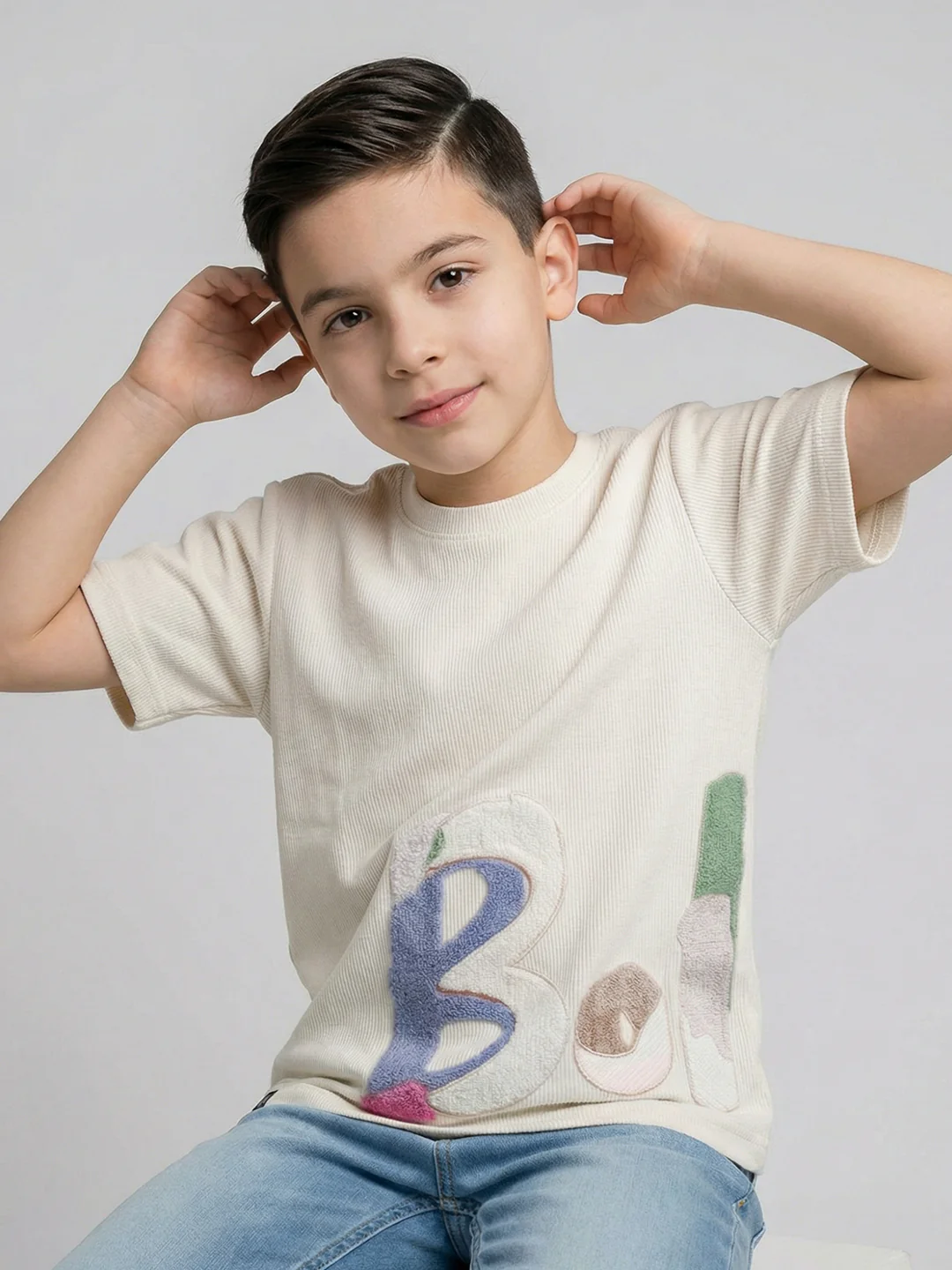 Boys Off White Printed Round Neck Half Sleeve T-Shirt - Image 5
