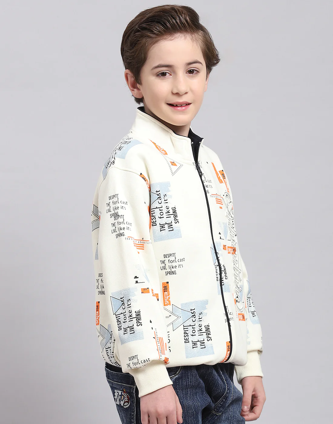 Boys Off White Printed Stand Collar Full Sleeve Sweatshirt - Image 4