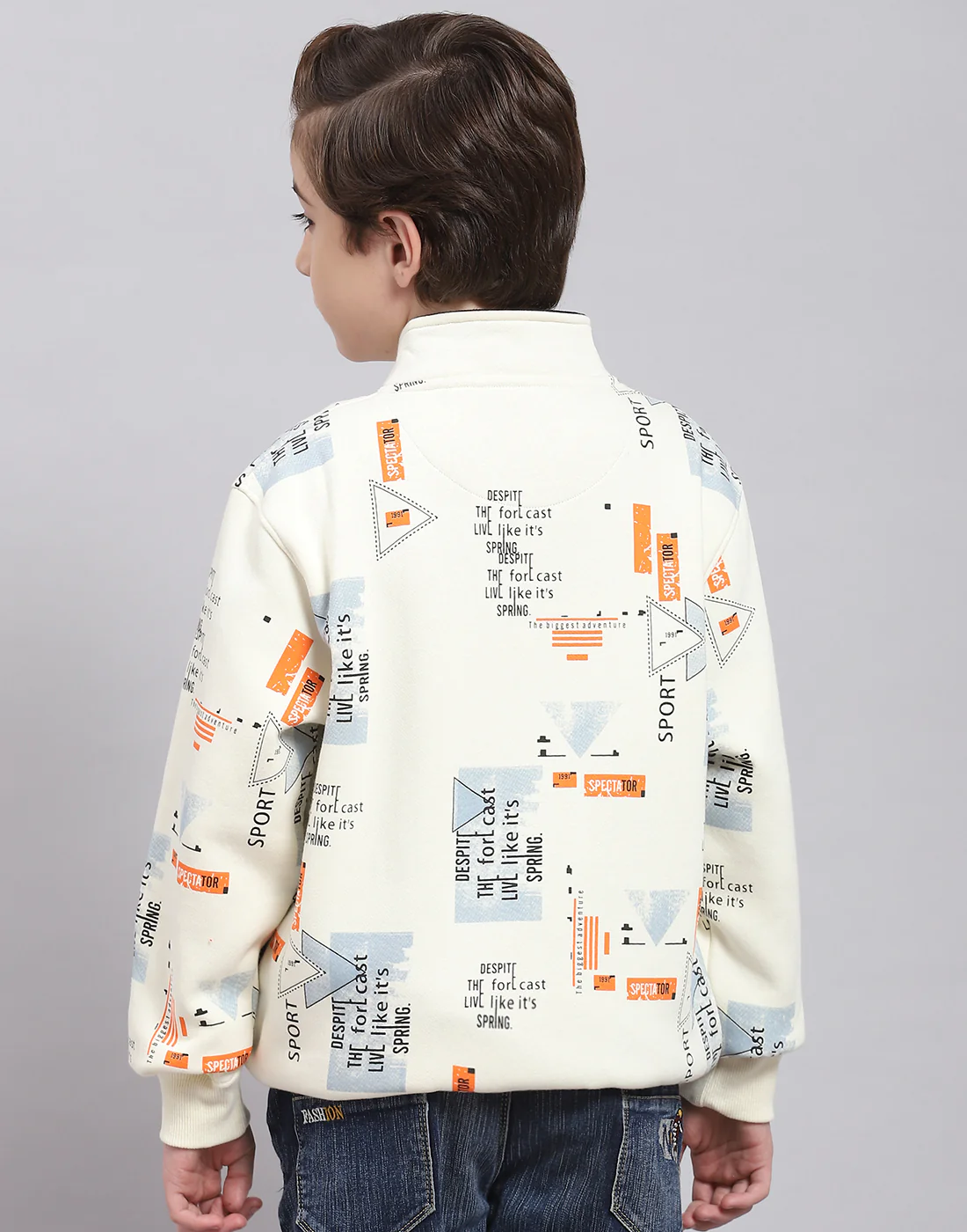 Boys Off White Printed Stand Collar Full Sleeve Sweatshirt - Image 5