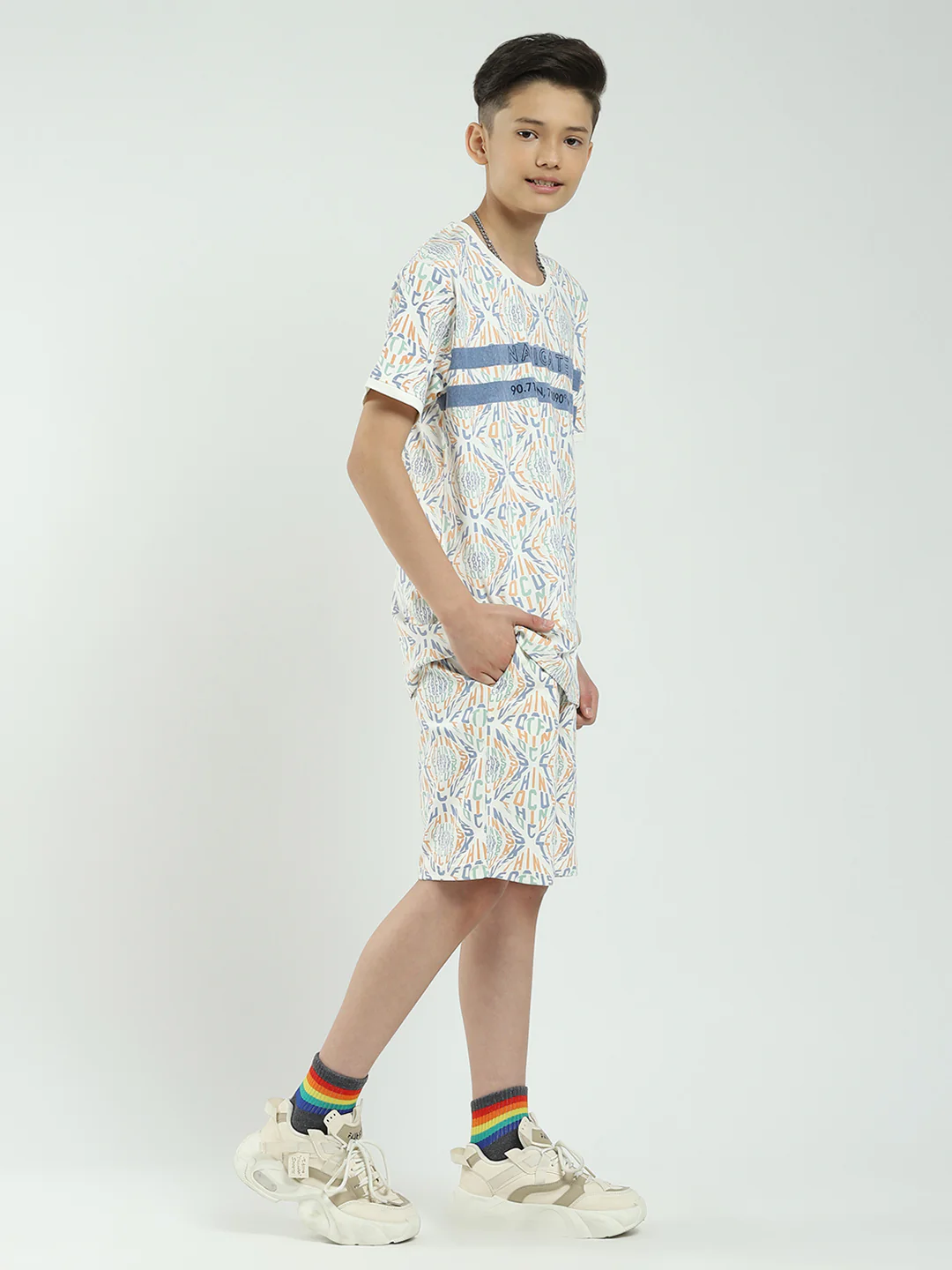 Boys Off White Printed Round Neck Half Sleeve Bermuda Set - Image 4