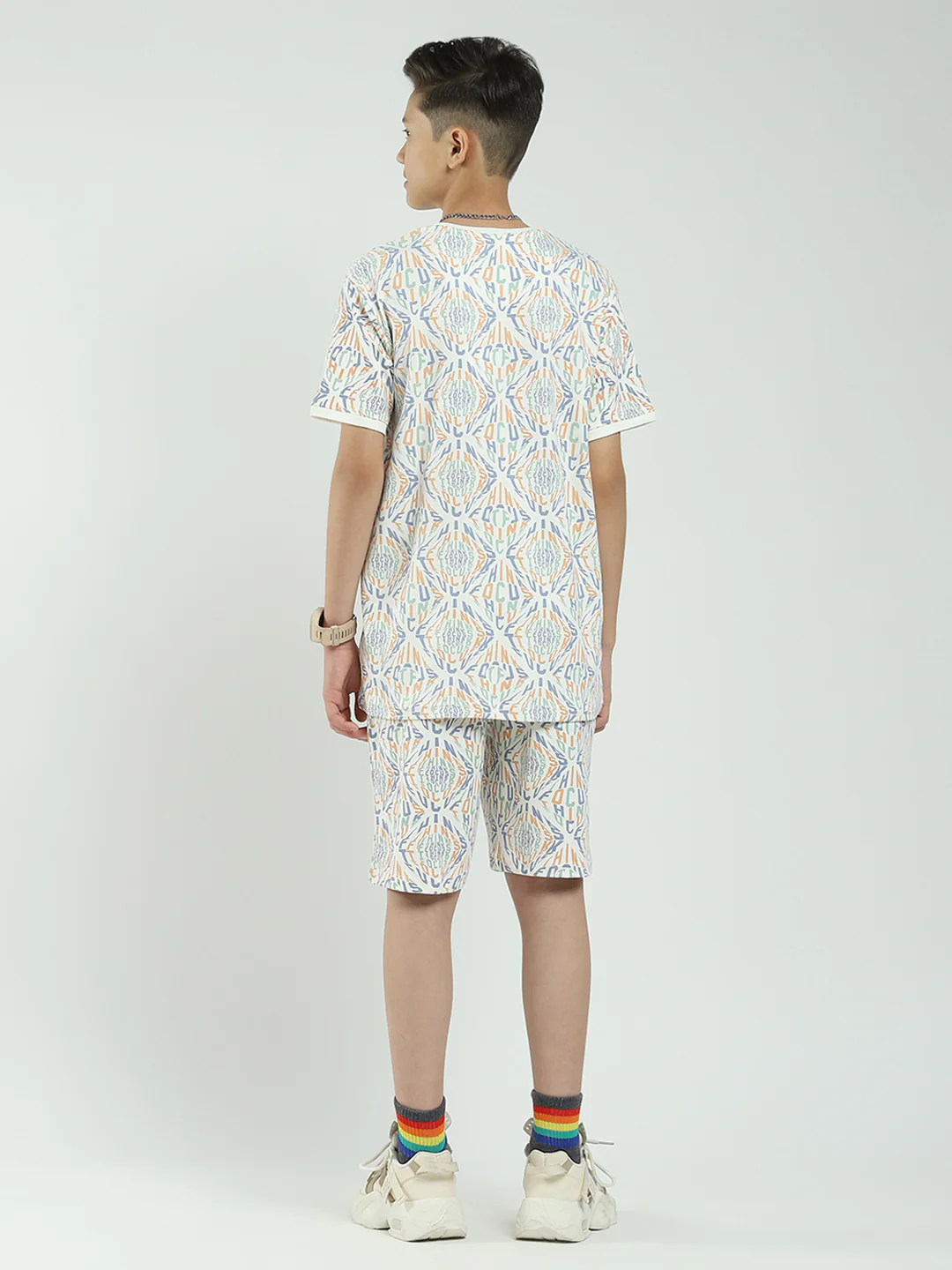 Boys Off White Printed Round Neck Half Sleeve Bermuda Set - Image 5