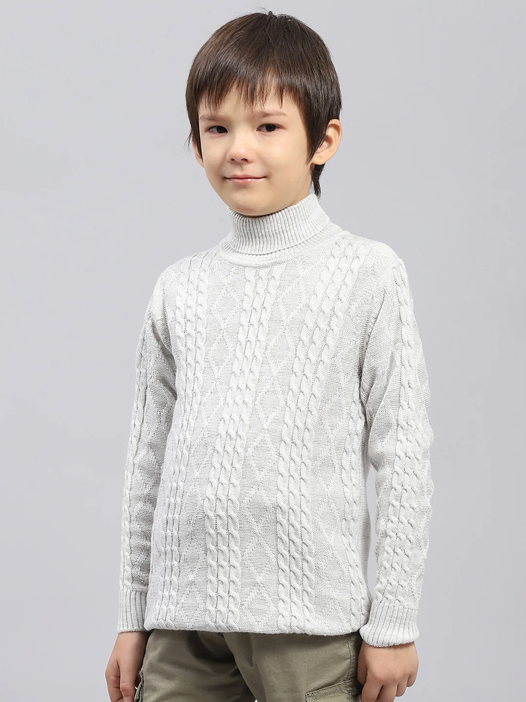 Boys Off White Self Design High Neck Full Sleeve Pullover - Image 3