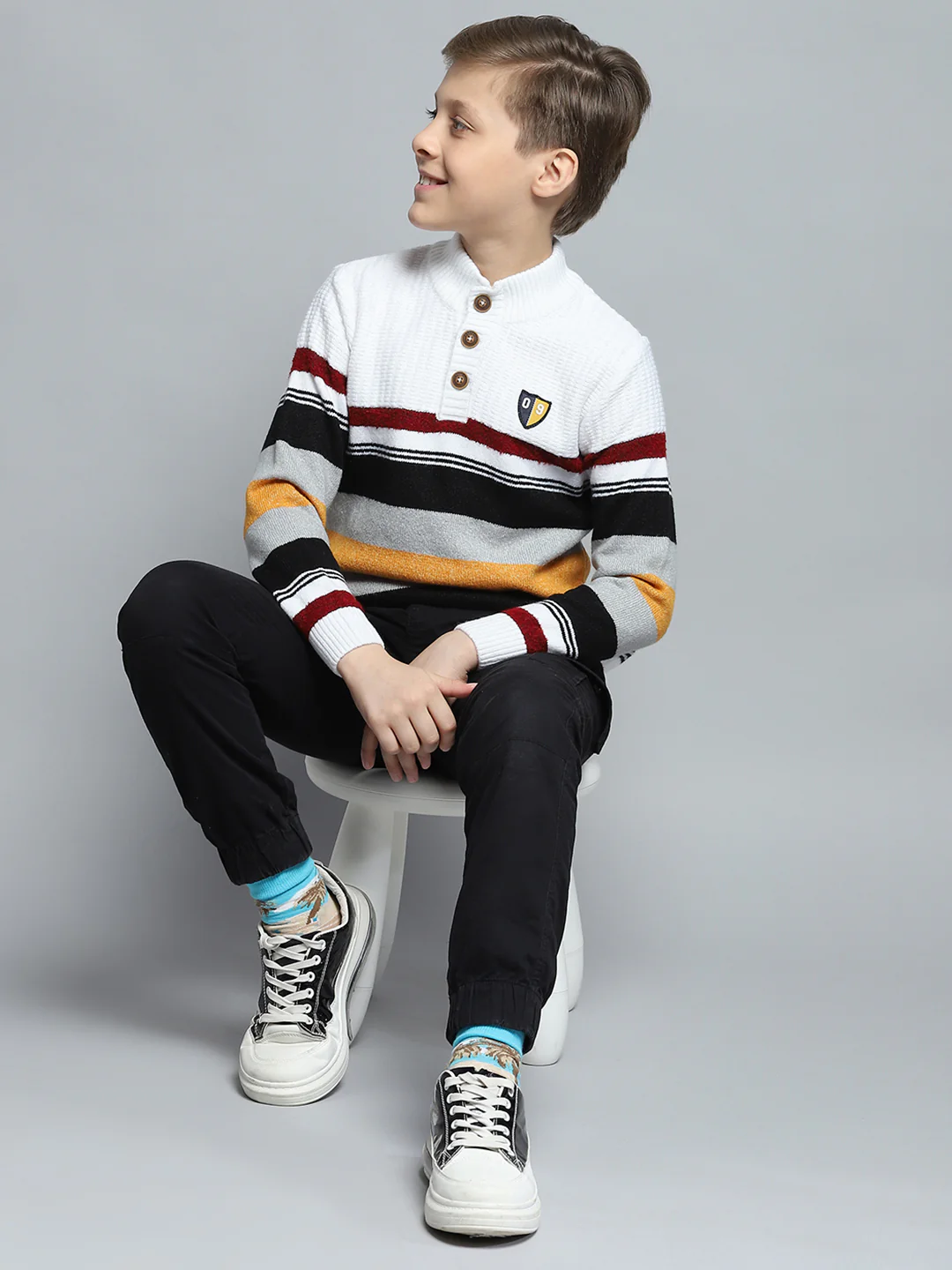 Boys Off White Self Design Mock Neck Full Sleeve Pullover - Image 2