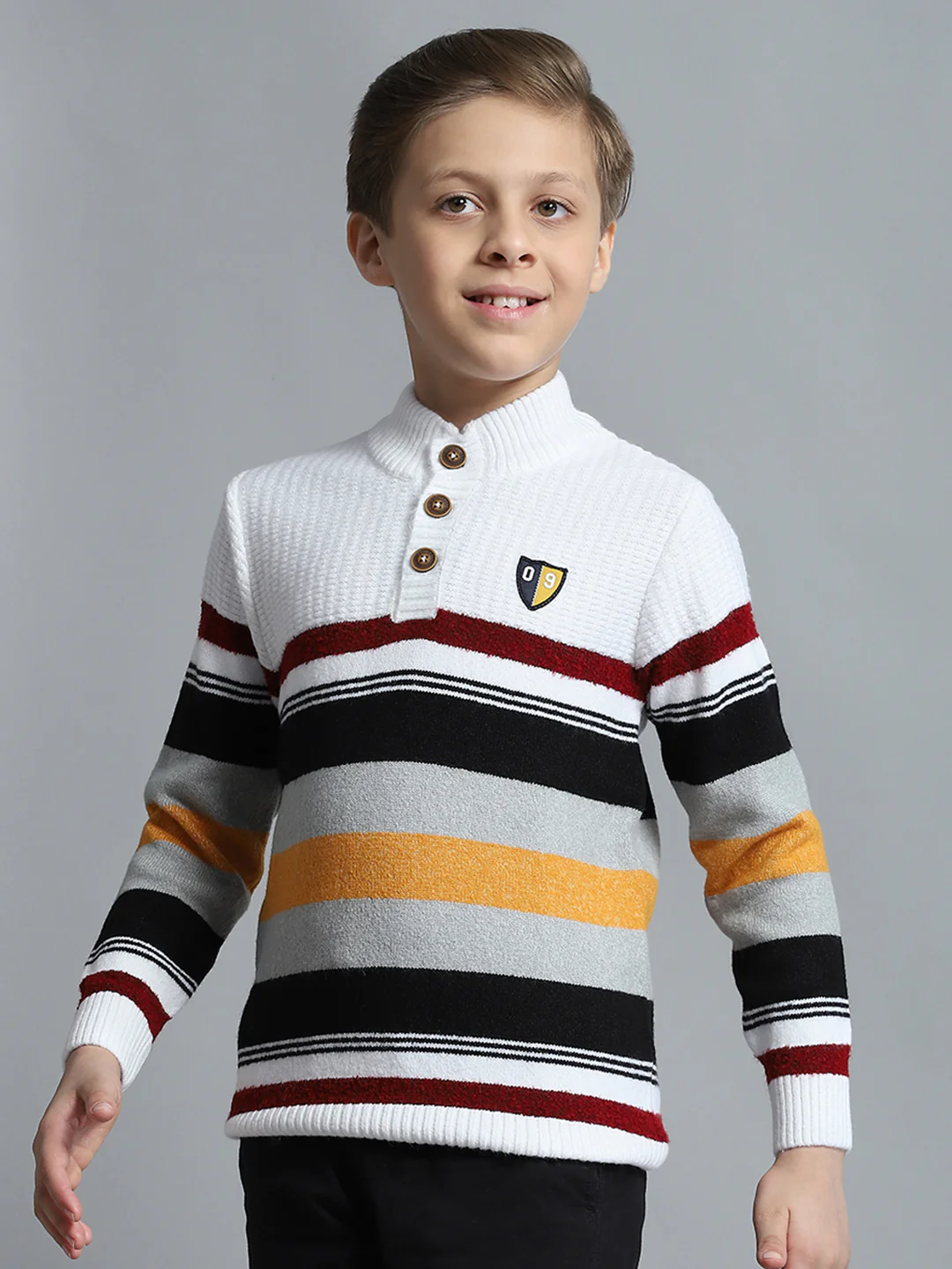 Boys Off White Self Design Mock Neck Full Sleeve Pullover - Image 3