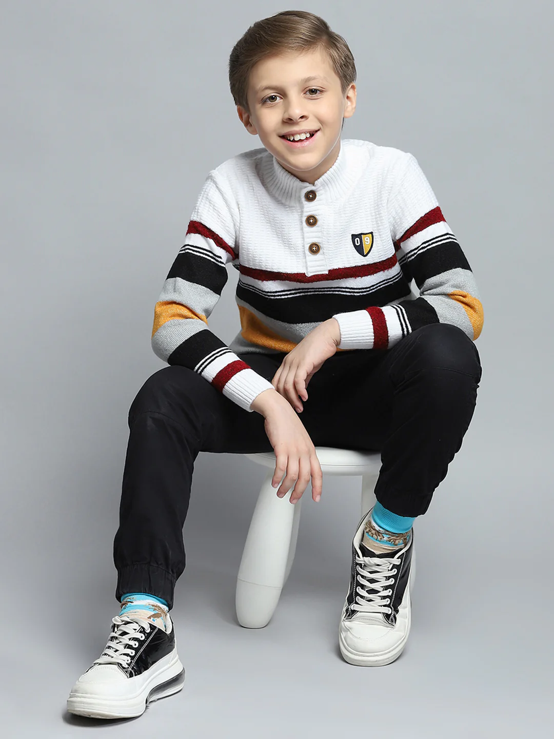 Boys Off White Self Design Mock Neck Full Sleeve Pullover - Image 6