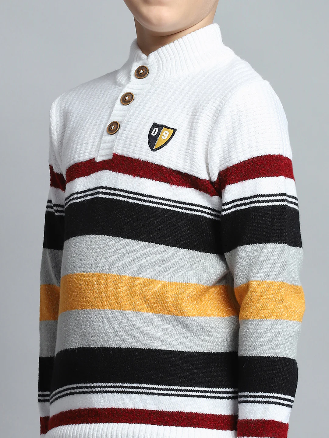 Boys Off White Self Design Mock Neck Full Sleeve Pullover - Image 7