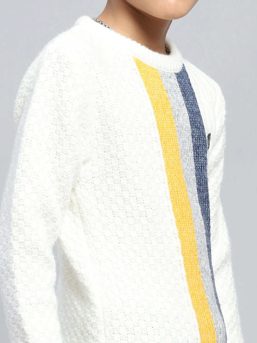 Boys Off White Self Design Round Neck Full Sleeve Pullover - Image 6