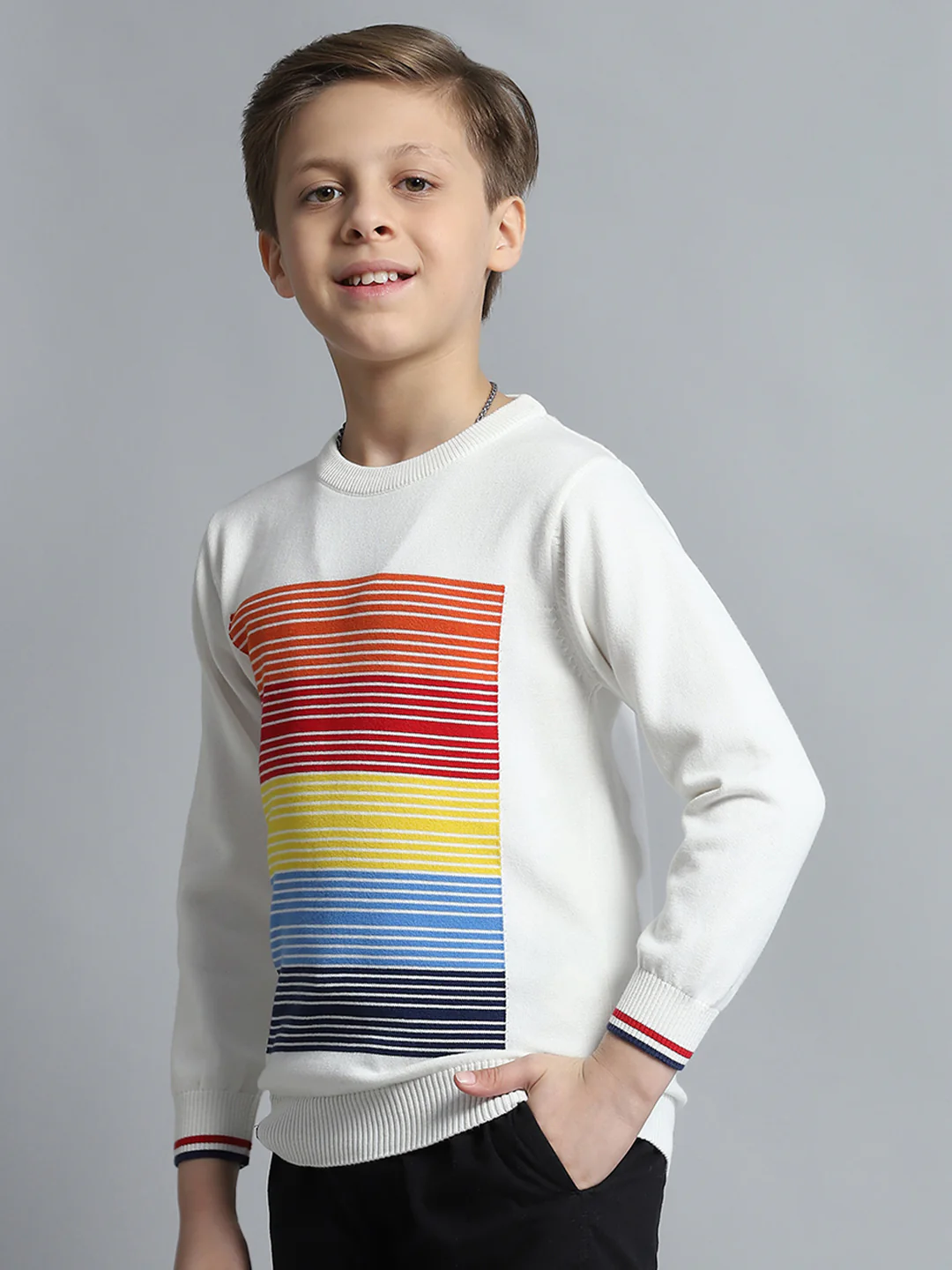 Boys Off White Self Design Round Neck Full Sleeve Pullover - Image 3