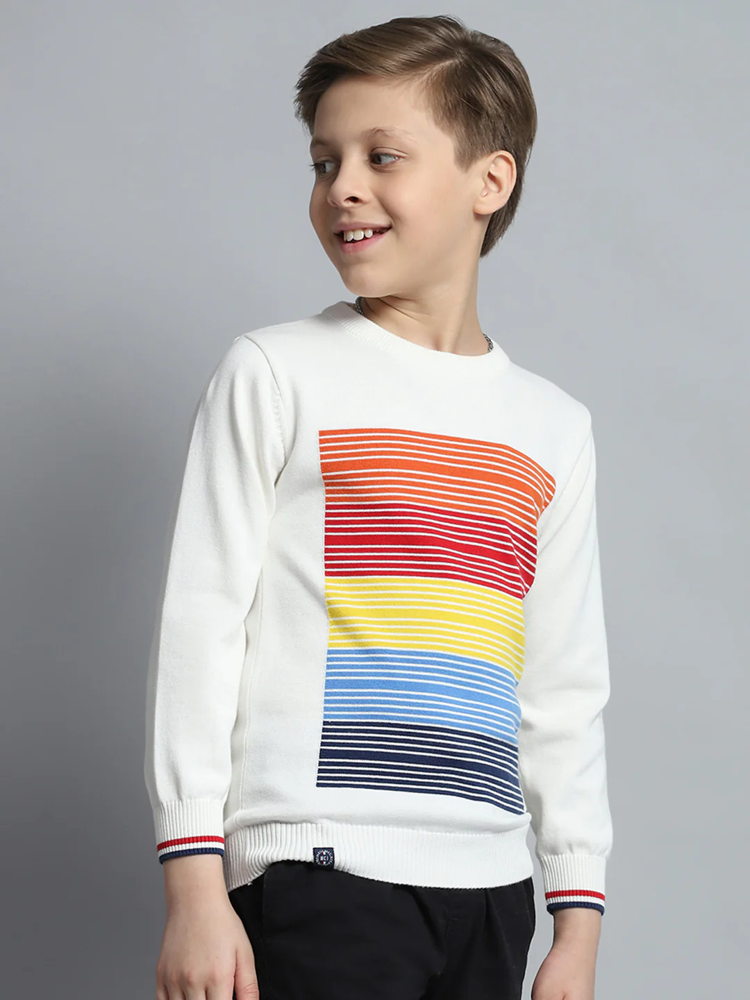 Boys Off White Self Design Round Neck Full Sleeve Pullover - Image 4