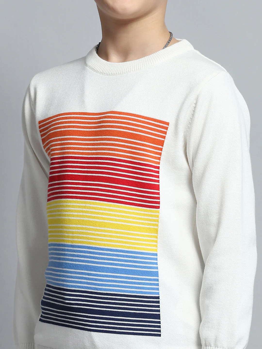 Boys Off White Self Design Round Neck Full Sleeve Pullover - Image 7