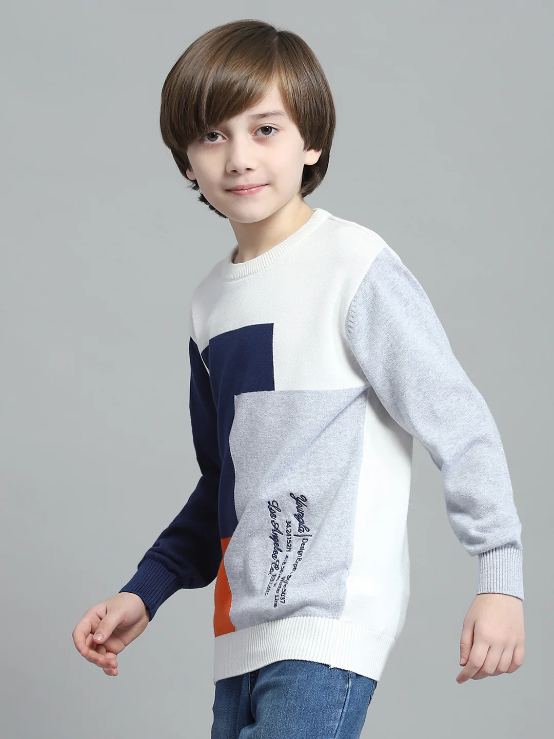 Boys Off White Self Design Round Neck Full Sleeve Pullover - Image 3