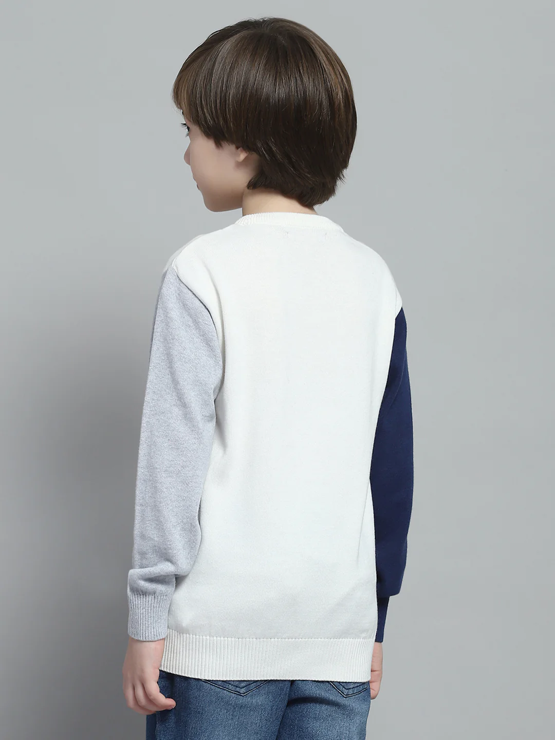 Boys Off White Self Design Round Neck Full Sleeve Pullover - Image 5