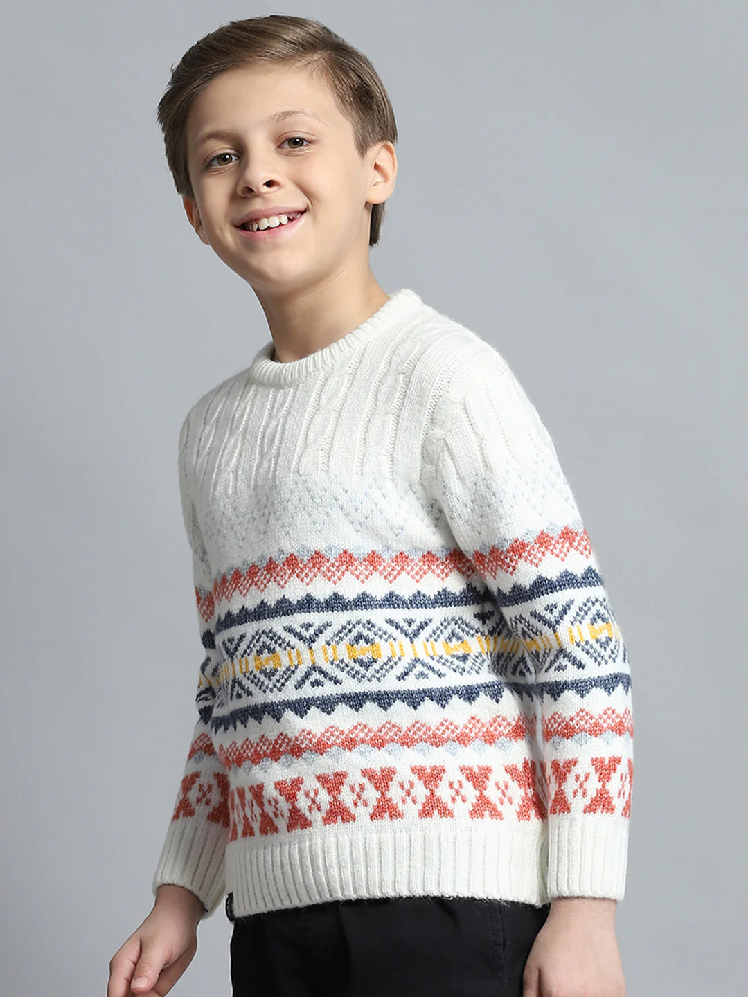 Boys Off White Self Design Round Neck Full Sleeve Pullover - Image 3