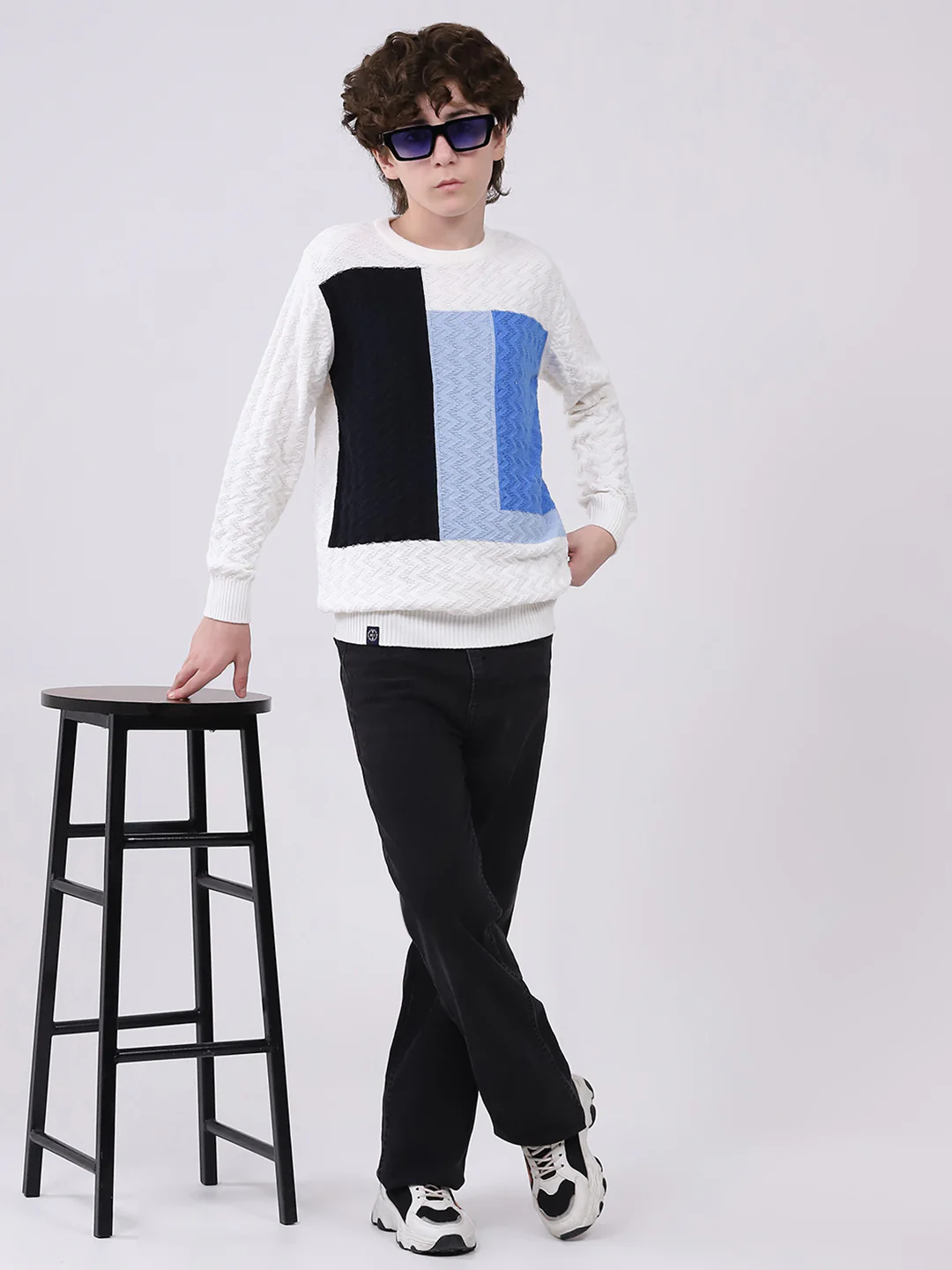 Boys Off White Self Design Round Neck Full Sleeve Pullover - Image 2