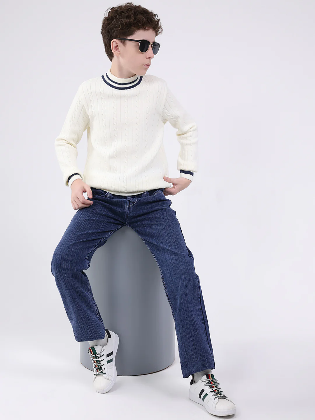 Boys Off White Self Design Round Neck Full Sleeve Pullover - Image 2
