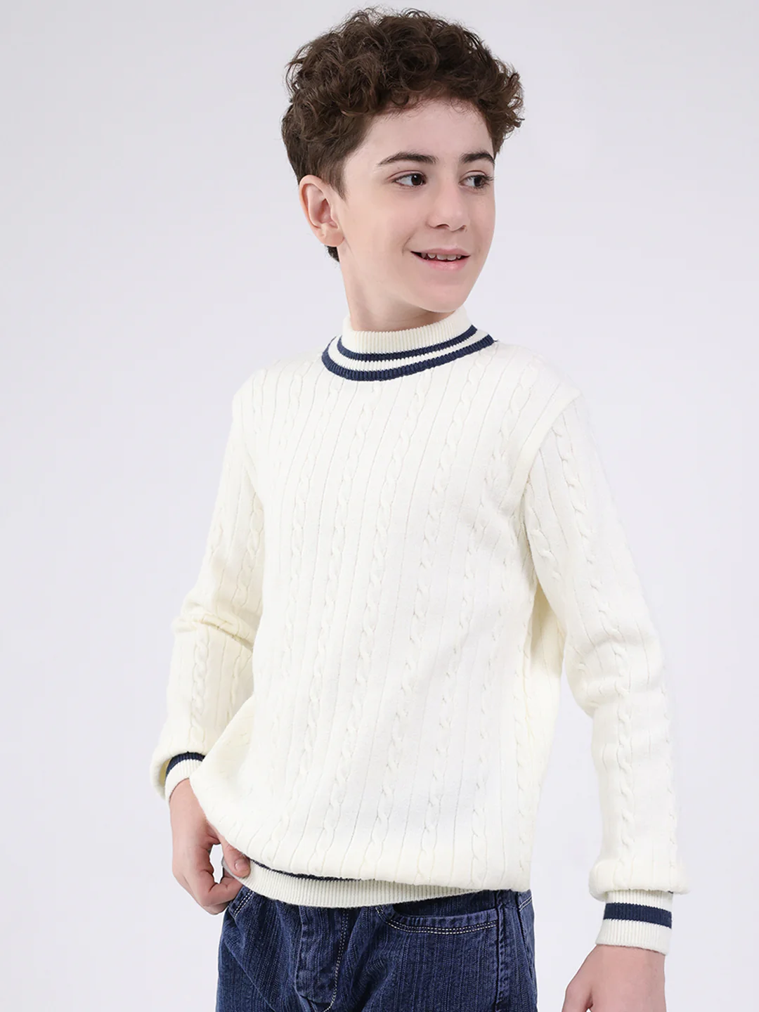 Boys Off White Self Design Round Neck Full Sleeve Pullover - Image 3