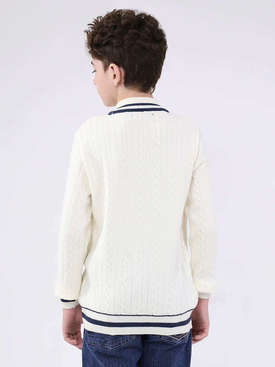 Boys Off White Self Design Round Neck Full Sleeve Pullover - Image 5