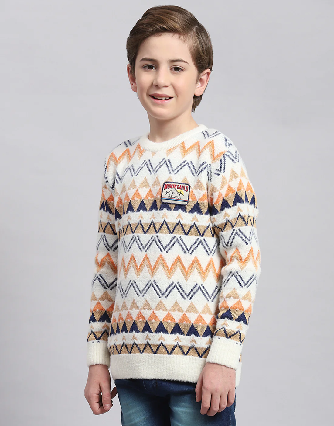 Boys Off White Self Design Round Neck Full Sleeve Sweater - Image 3