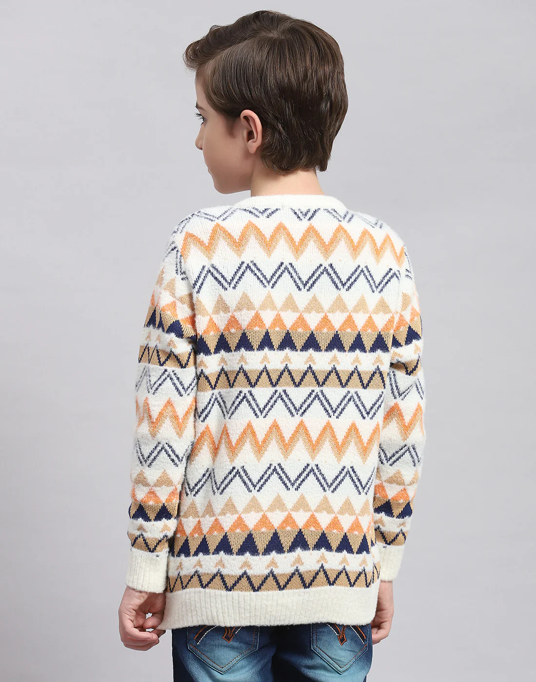 Boys Off White Self Design Round Neck Full Sleeve Sweater - Image 5