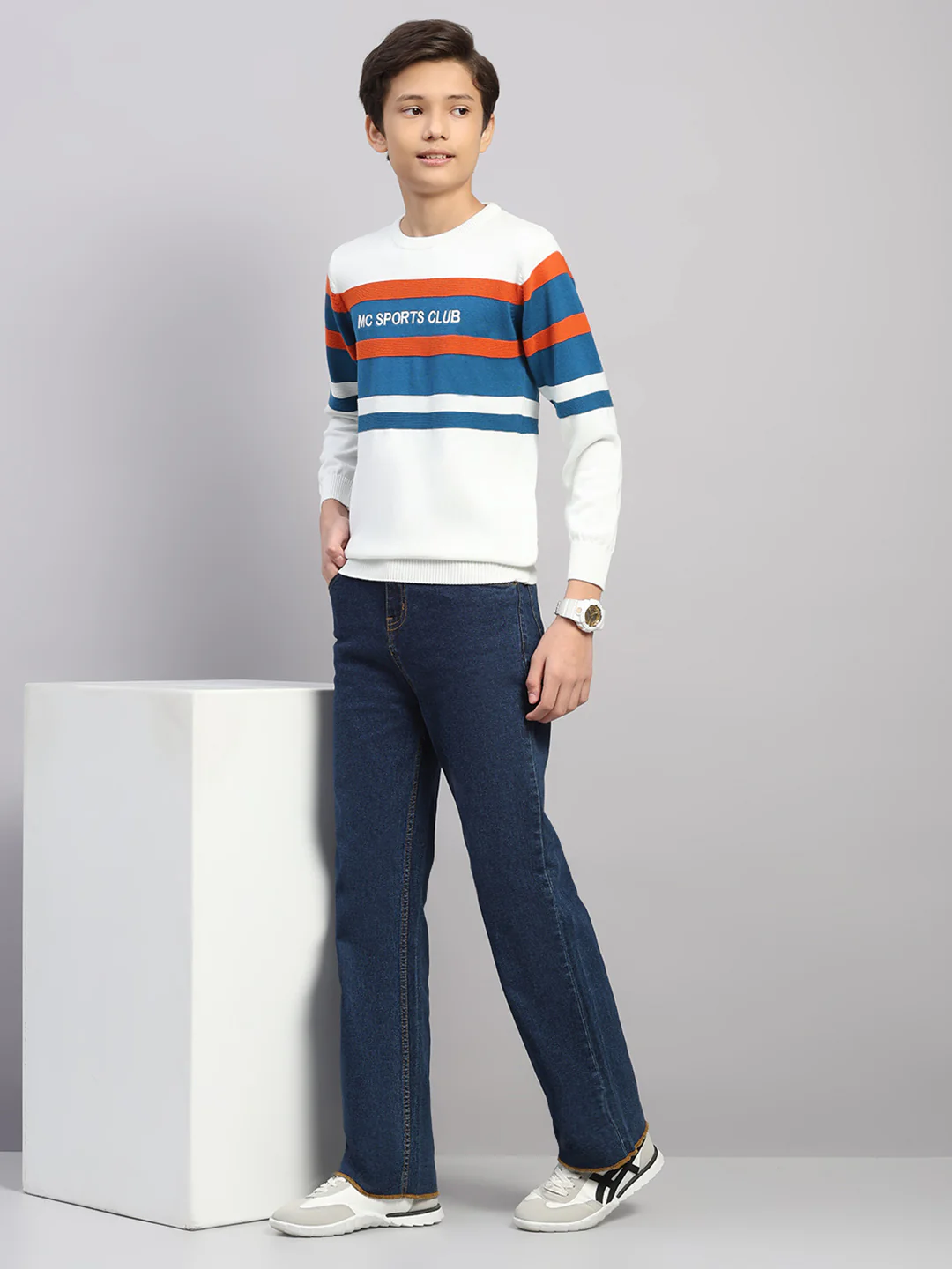 Boys Off White Stripe Round Neck Full Sleeve Pullover - Image 2