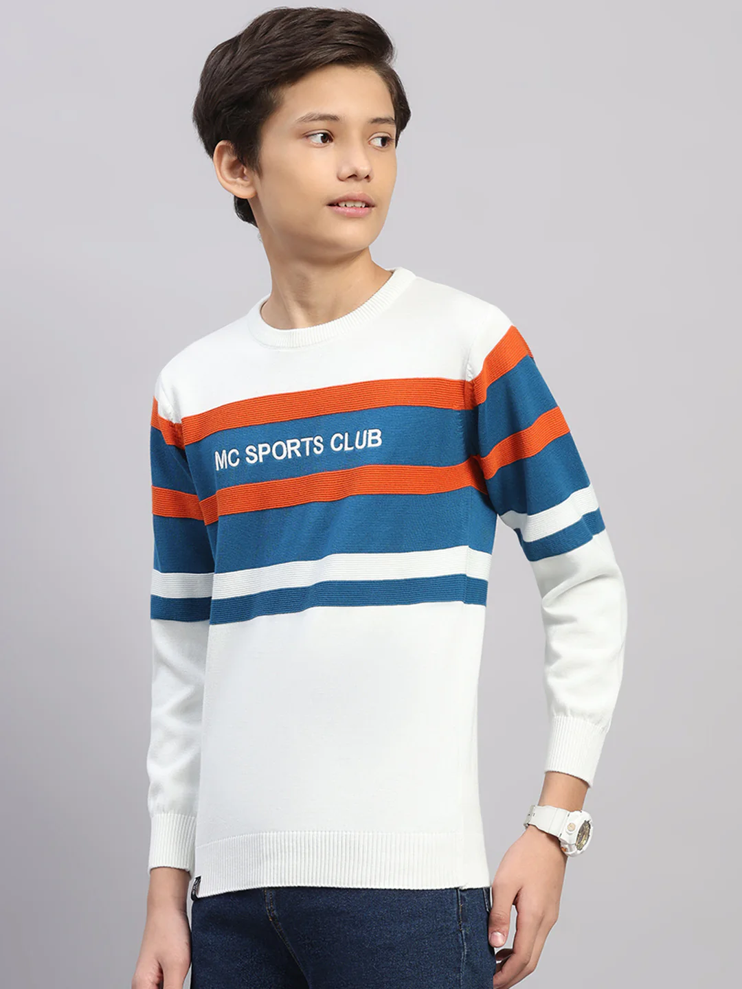 Boys Off White Stripe Round Neck Full Sleeve Pullover - Image 3