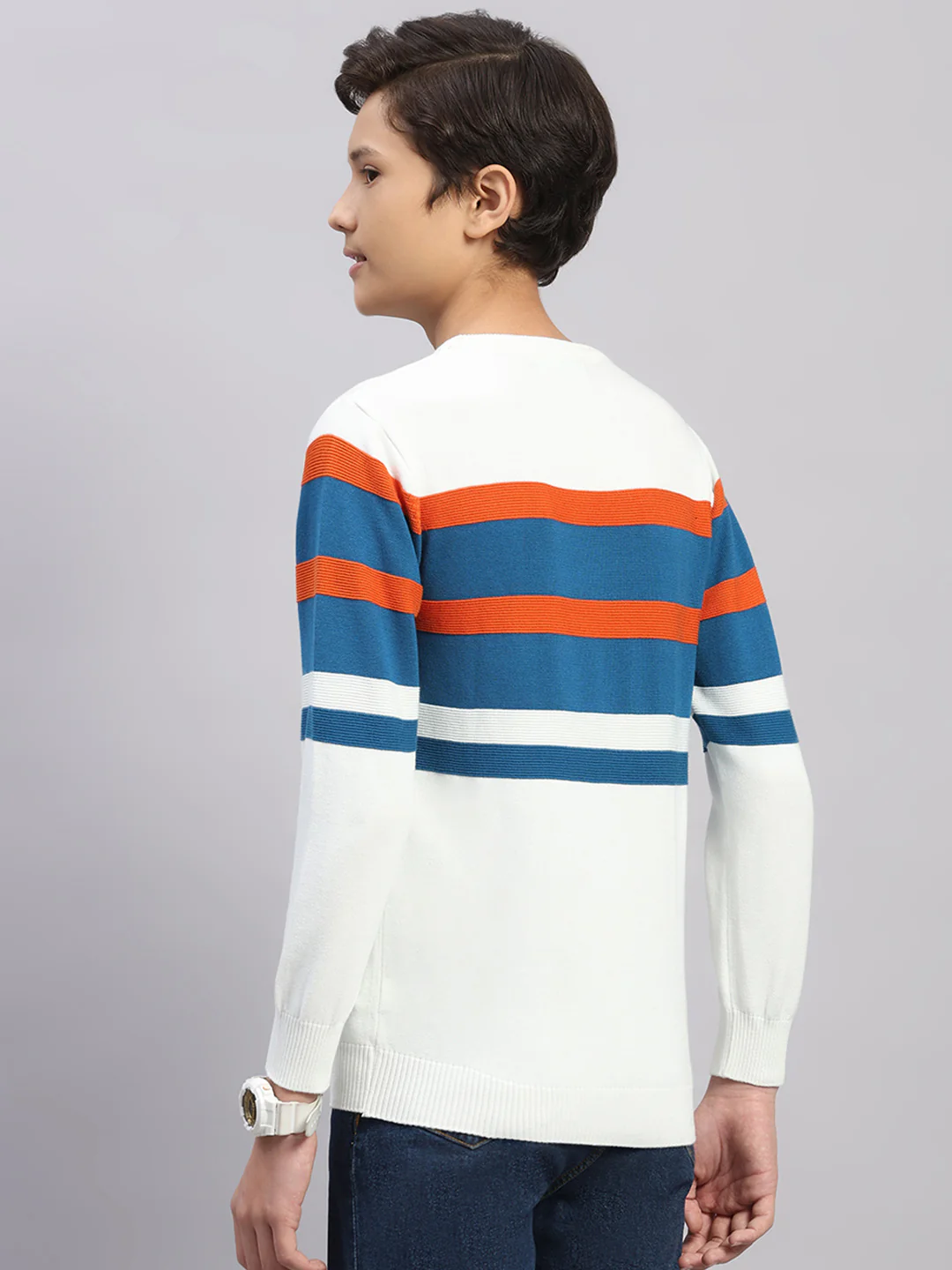 Boys Off White Stripe Round Neck Full Sleeve Pullover - Image 5