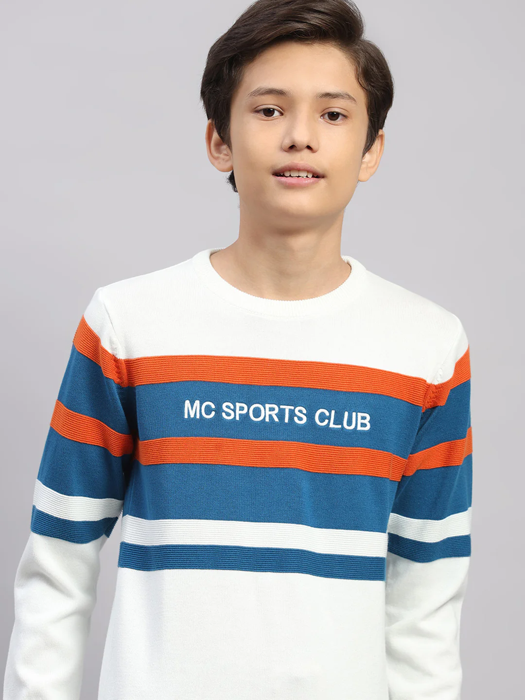 Boys Off White Stripe Round Neck Full Sleeve Pullover - Image 7