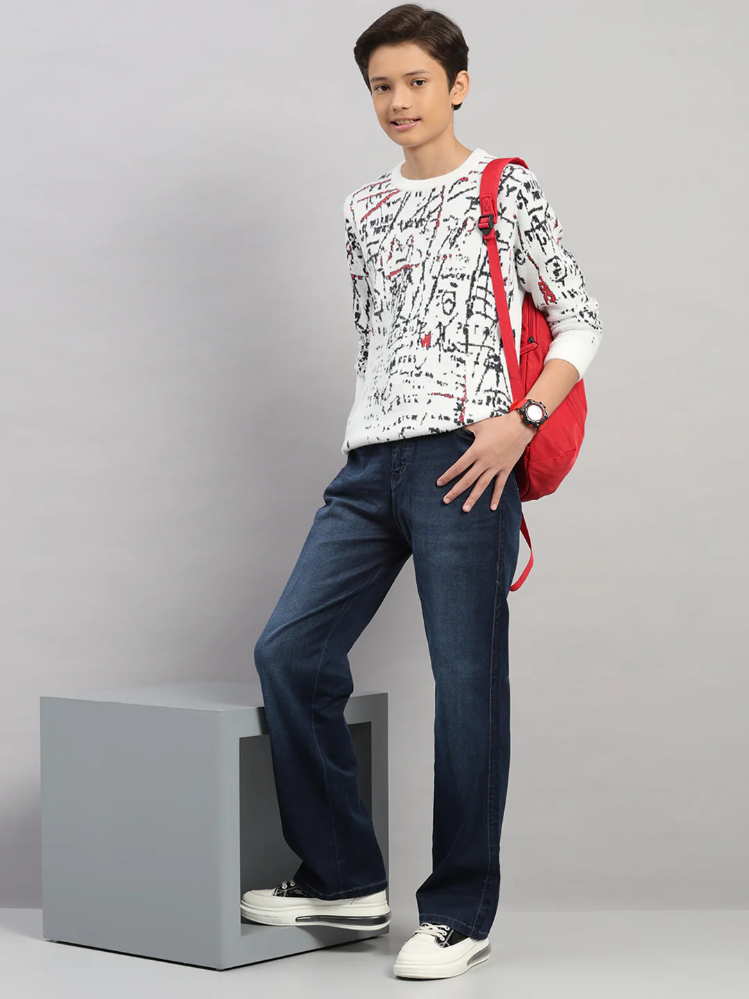 Boys Off White Stripe Round Neck Full Sleeve Pullover - Image 2
