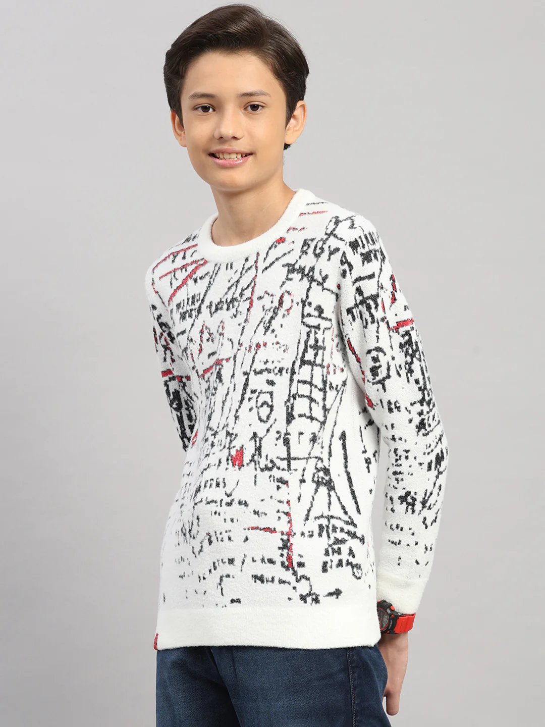 Boys Off White Stripe Round Neck Full Sleeve Pullover - Image 3