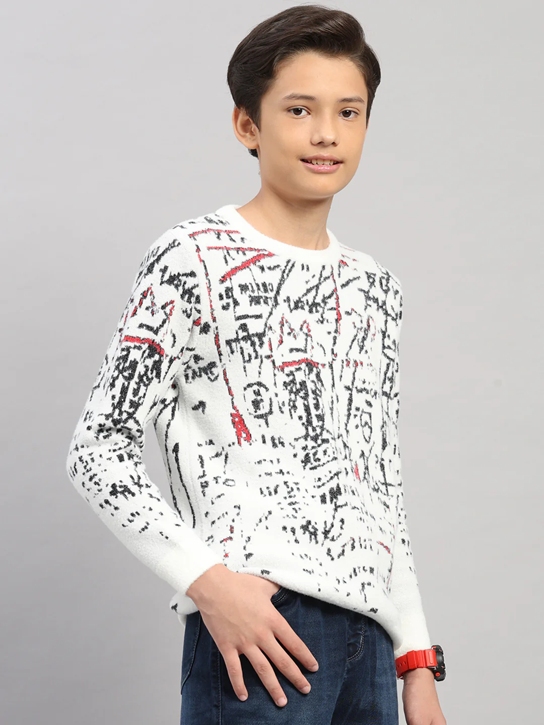 Boys Off White Stripe Round Neck Full Sleeve Pullover - Image 4