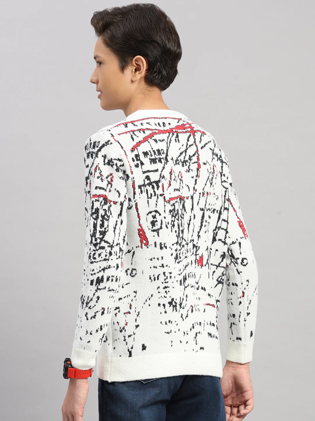 Boys Off White Stripe Round Neck Full Sleeve Pullover - Image 5