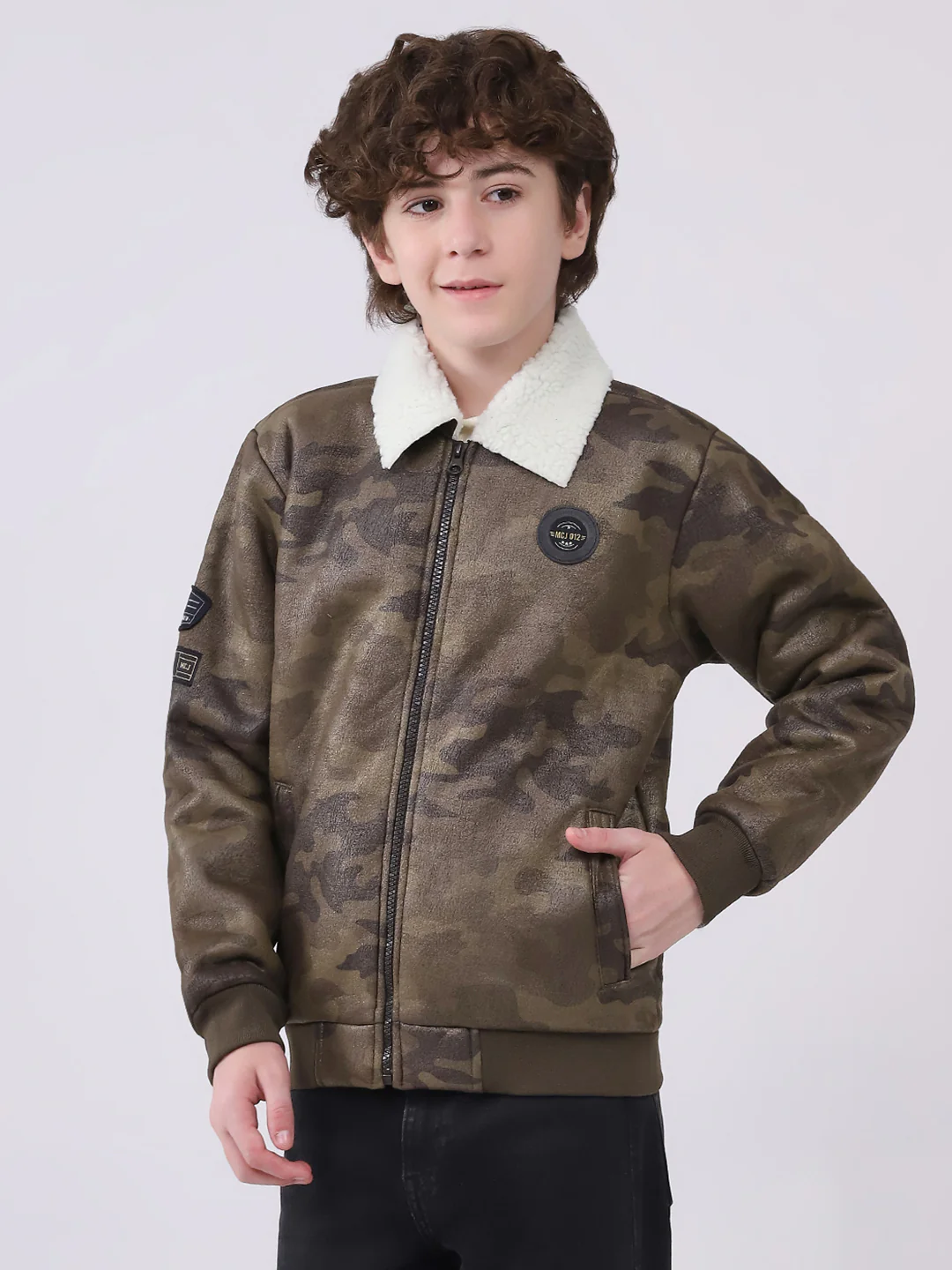 Boys Olive Printed Collar Full Sleeve Boys Jacket - Image 3
