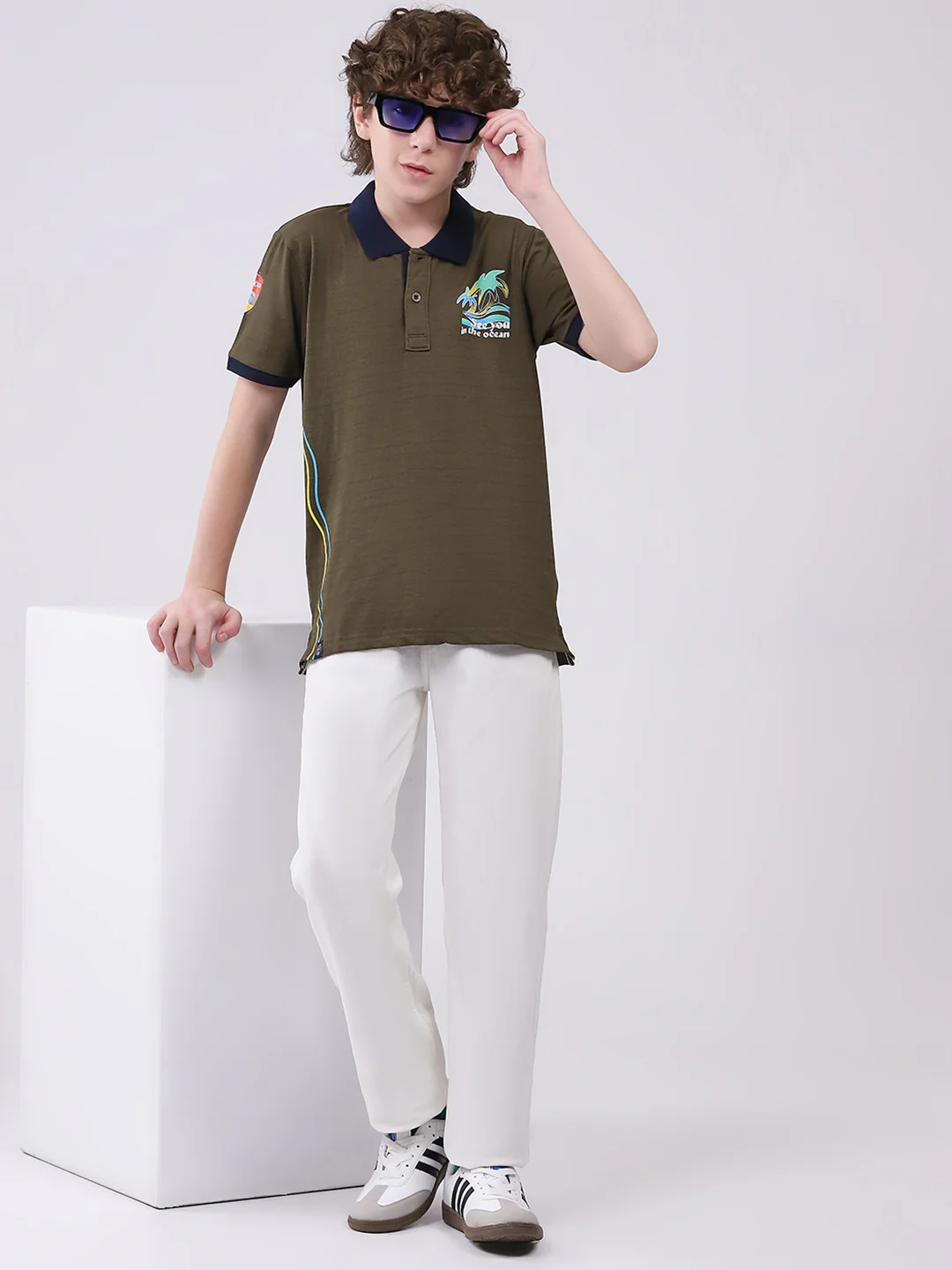Boys Olive Printed Collar Half Sleeve T-Shirt - Image 2