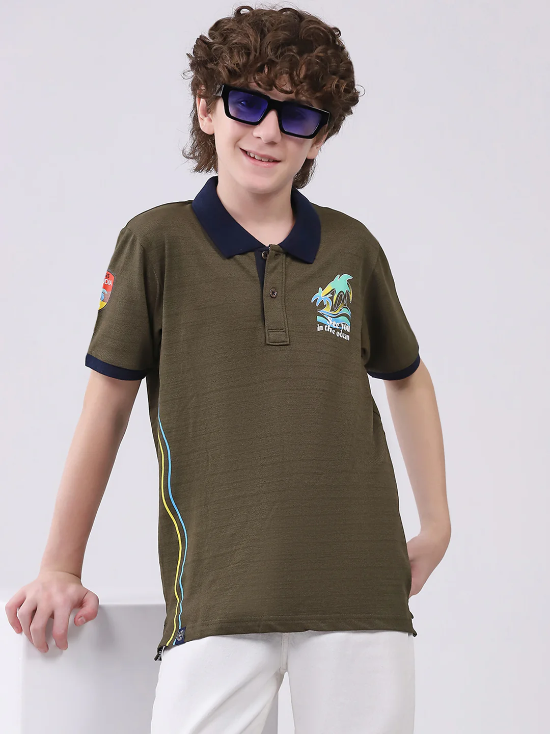 Boys Olive Printed Collar Half Sleeve T-Shirt - Image 6