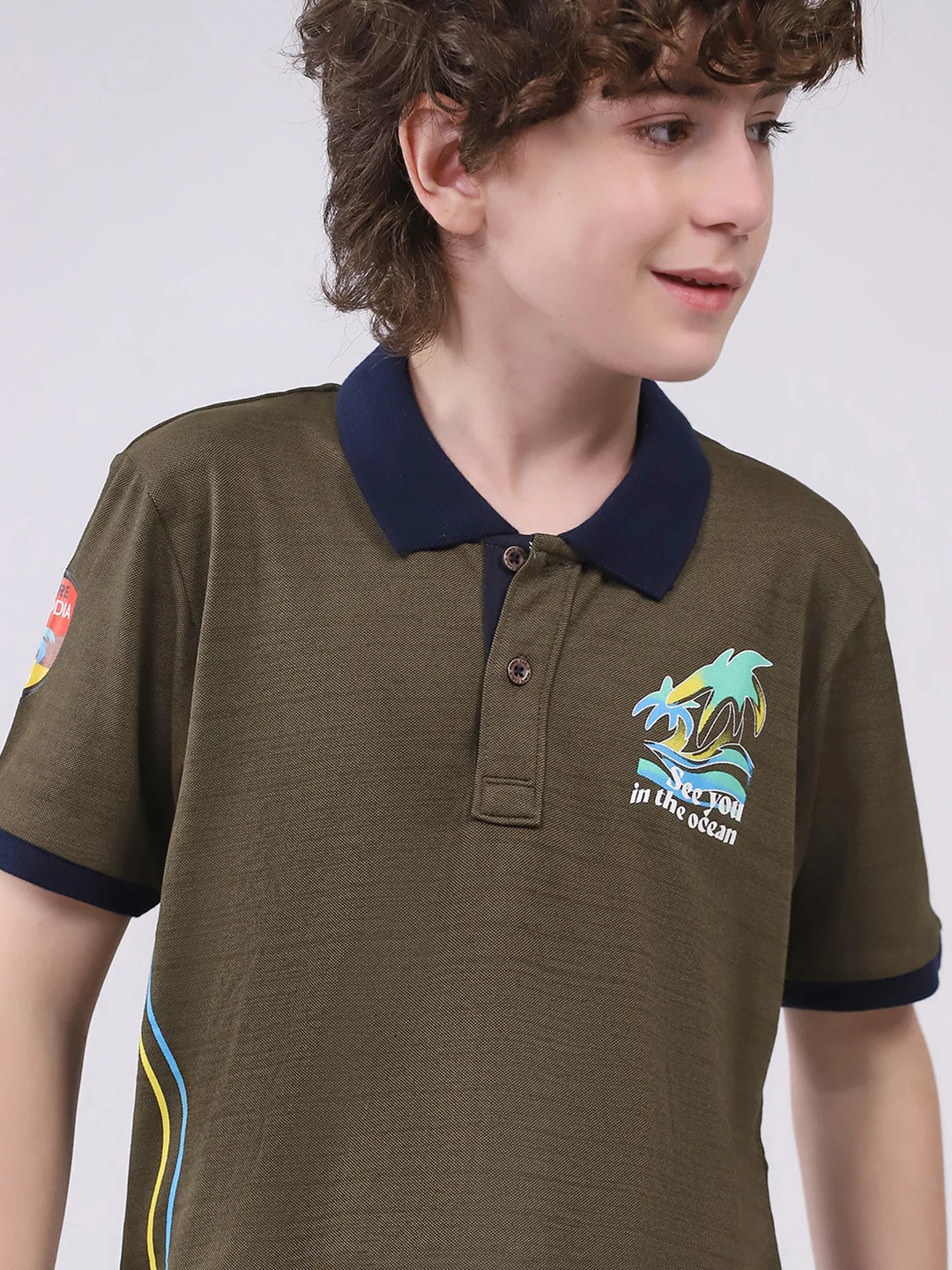 Boys Olive Printed Collar Half Sleeve T-Shirt - Image 7
