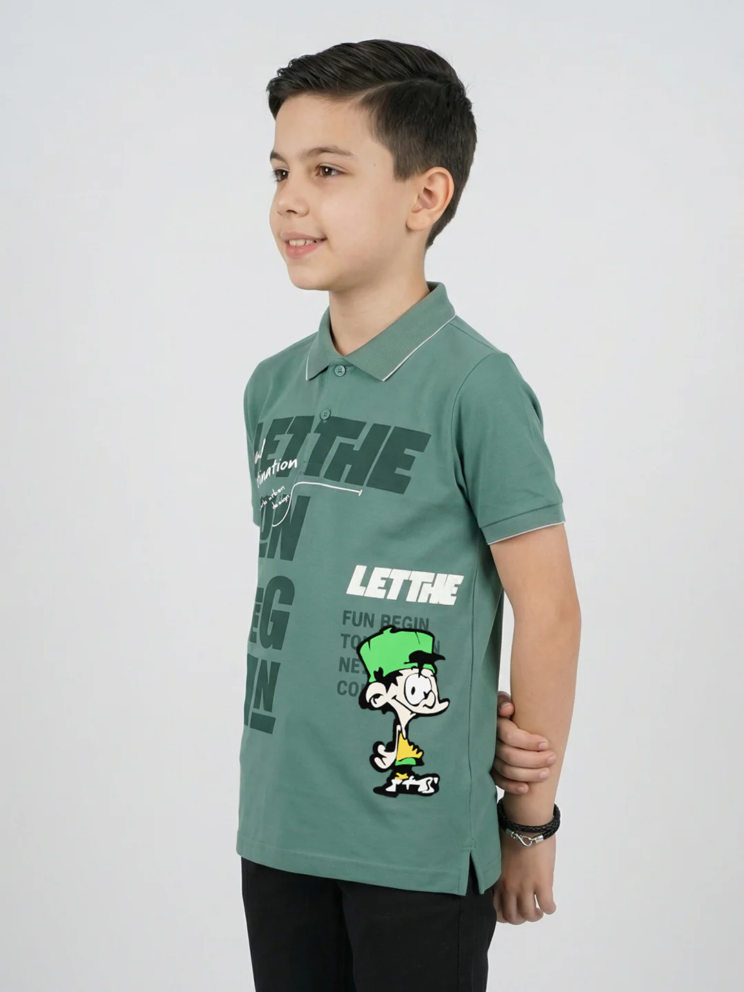 Boys Olive Printed Collar Half Sleeve T-Shirt - Image 2