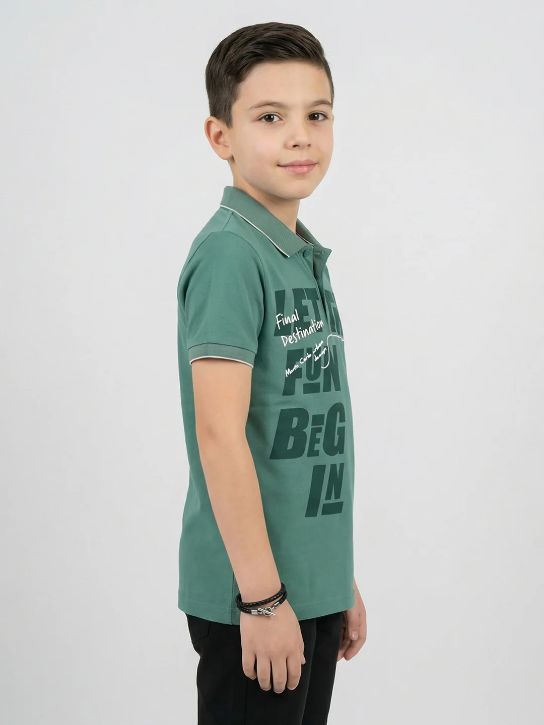 Boys Olive Printed Collar Half Sleeve T-Shirt - Image 3