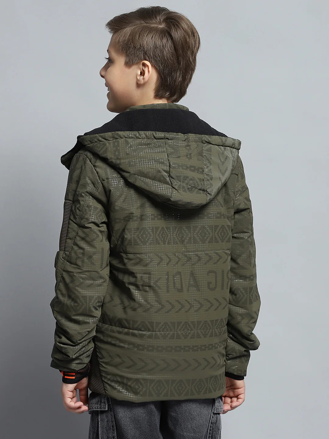 Boys Olive Printed Detachable Hood Full Sleeve Jacket - Image 5