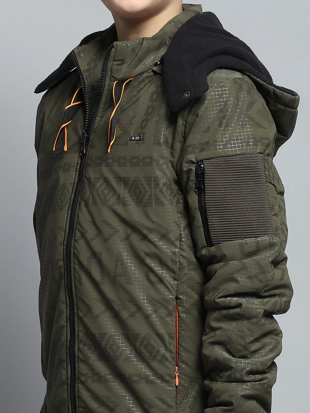 Boys Olive Printed Detachable Hood Full Sleeve Jacket - Image 7