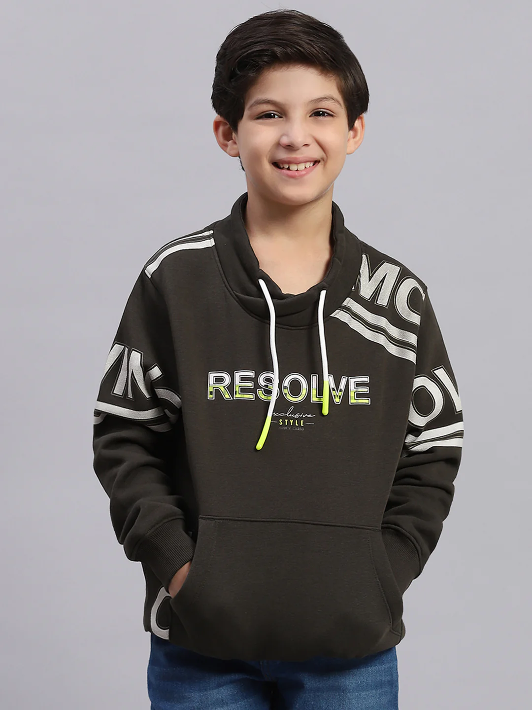 Boys Olive Printed F Neck Full Sleeve Sweatshirt - Image 2