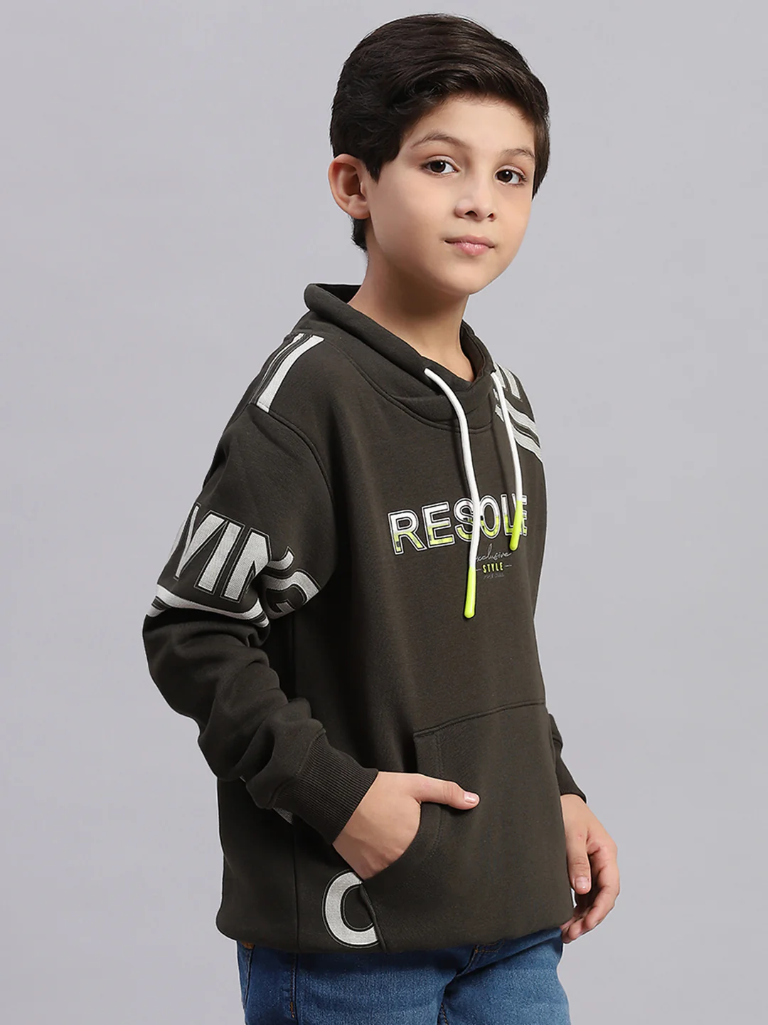 Boys Olive Printed F Neck Full Sleeve Sweatshirt - Image 4