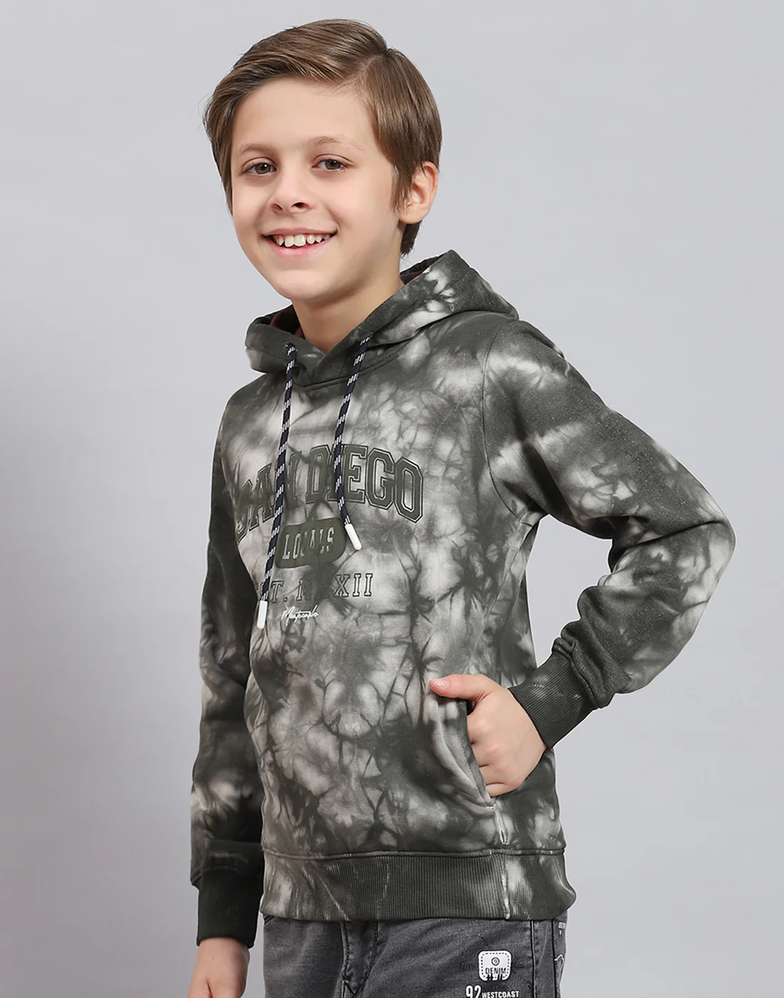 Boys Olive Printed Hooded Full Sleeve Sweatshirt - Image 3