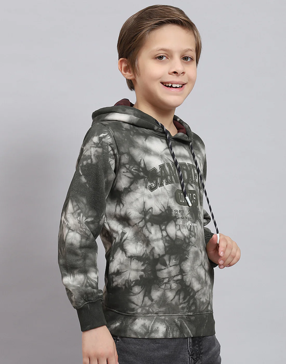 Boys Olive Printed Hooded Full Sleeve Sweatshirt - Image 4